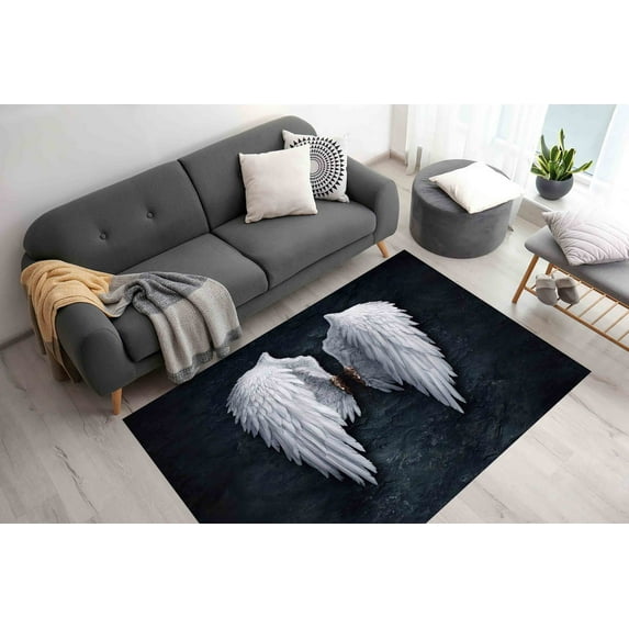 Kitchen Rug, Banksy Rugs, Street Rugs, Cool Rug, Corridor Rugs, Gift Rugs, Banksy Wing Rug, Banksy White Wings Rug, Classic Rugs, Black Rug, 5.9'x9.2' - 180x280 cm