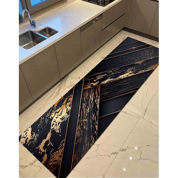 Kitchen Rug, Entry Rug, Runner Rug, Printed Rug, Black Gold Rug, Abstract Rugs, Gold Rug, Modern Rug, Bridesmaid Gift, Thick Rug, Small Rug, 2.6'x9.2' - 80x280 cm