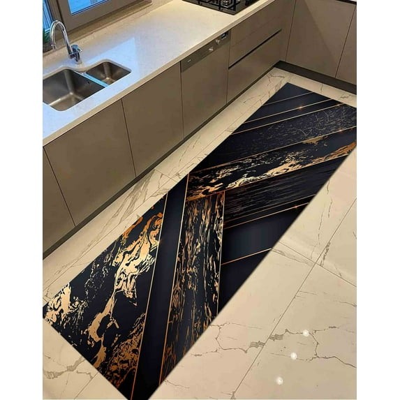 Kitchen Rug, Entry Rug, Runner Rug, Printed Rug, Black Gold Rug, Abstract Rugs, Gold Rug, Modern Rug, Bridesmaid Gift, Thick Rug, Small Rug, 1.7'x2.3' - 50x70 cm
