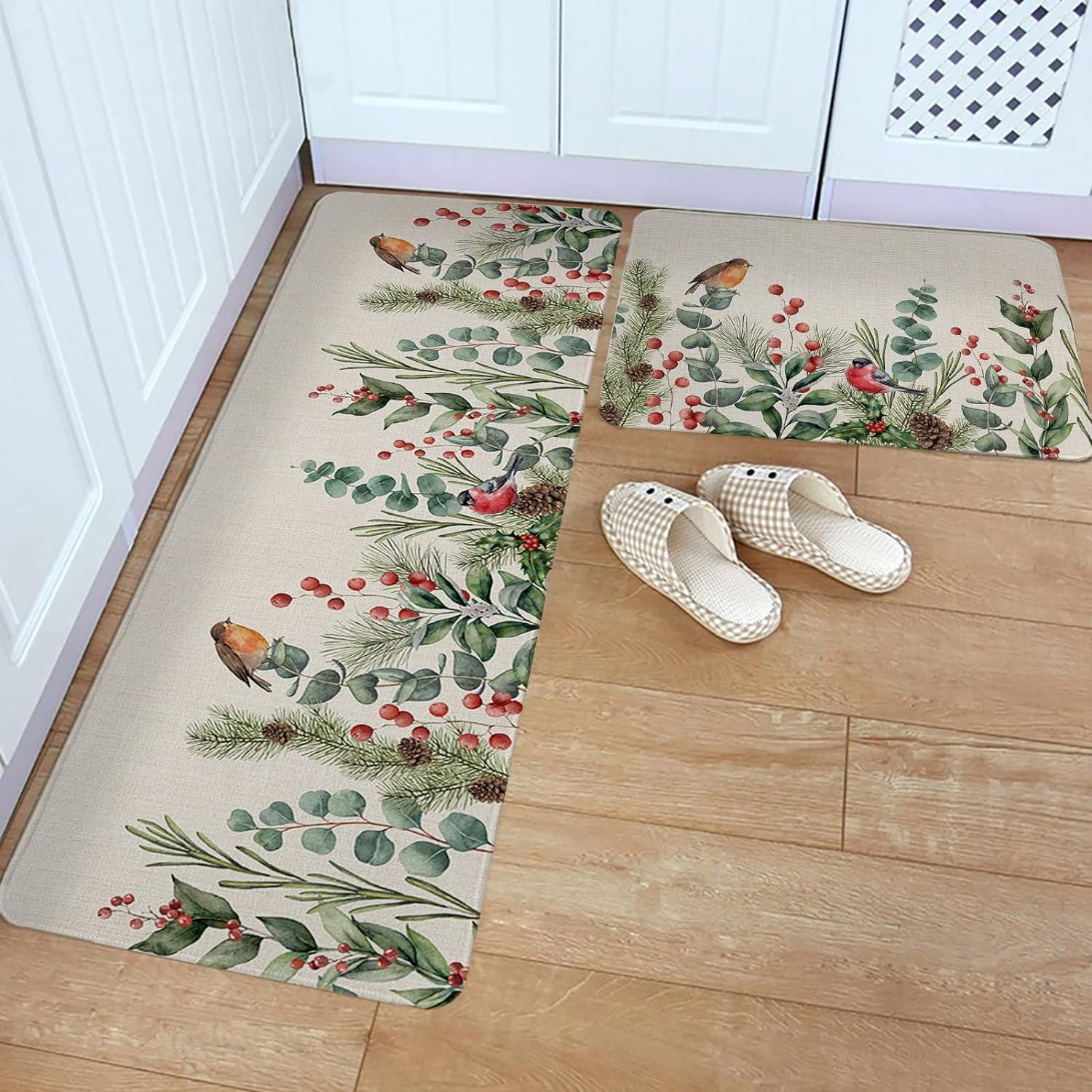Kitchen Rug Mat Christmas Cardinals Holly Berry, Set of 2, Anti-Fatigue ...