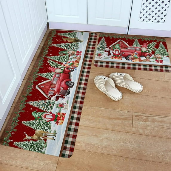 Kitchen Rug Mat Christmas Gnome and Snowman, Set of 2, Anti-Fatigue Non-Skid Washable Kitchen Runner Rugs, Red Truck Buffalo Plaid Soft Comfort Rug for Kitchen, Floor Home, Front of Sink, Laundry