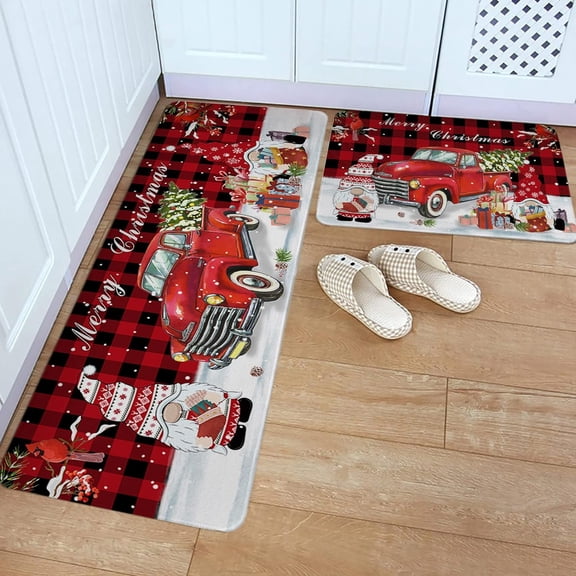 Kitchen Rug Mat Christmas Gnome Truck, Set of 2, Anti-Fatigue Non-Skid Washable Kitchen Runner Rugs, Red Buffalo Plaid Cardinals Soft Comfort Rug for Kitchen, Floor Home, Front of Sink, Laundry