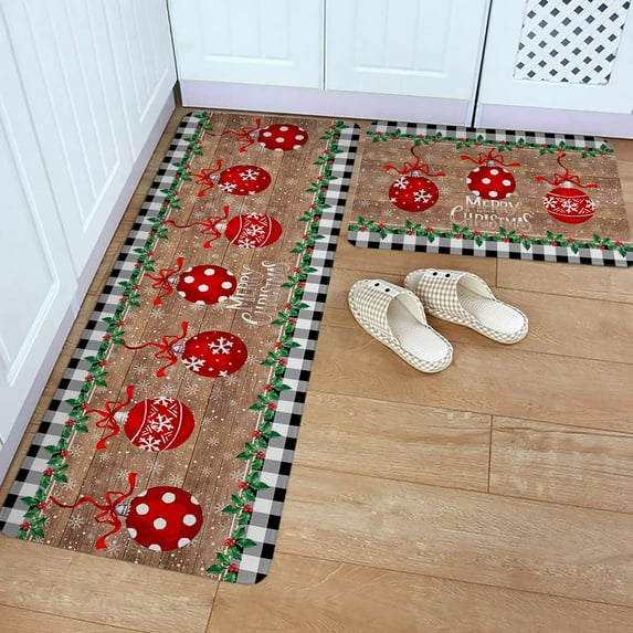 Kitchen Rug Mat Christmas Red Balls Buffalo Check, Set of 2, Anti-Fatigue Non-Skid Washable Kitchen Runner Rugs, Holly Berry Soft Comfort Rug for Kitchen, Floor Home, Front of Sink, Laundry