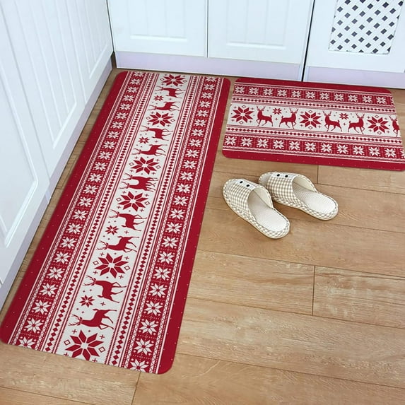 Kitchen Rug Mat Christmas Reindeer Snowflake Geometric, Set of 2, Anti-Fatigue Non-Skid Washable Kitchen Runner Rugs, Bohemian Red White Soft Comfort Rug for Kitchen, Floor, Front of Sink, Laundry