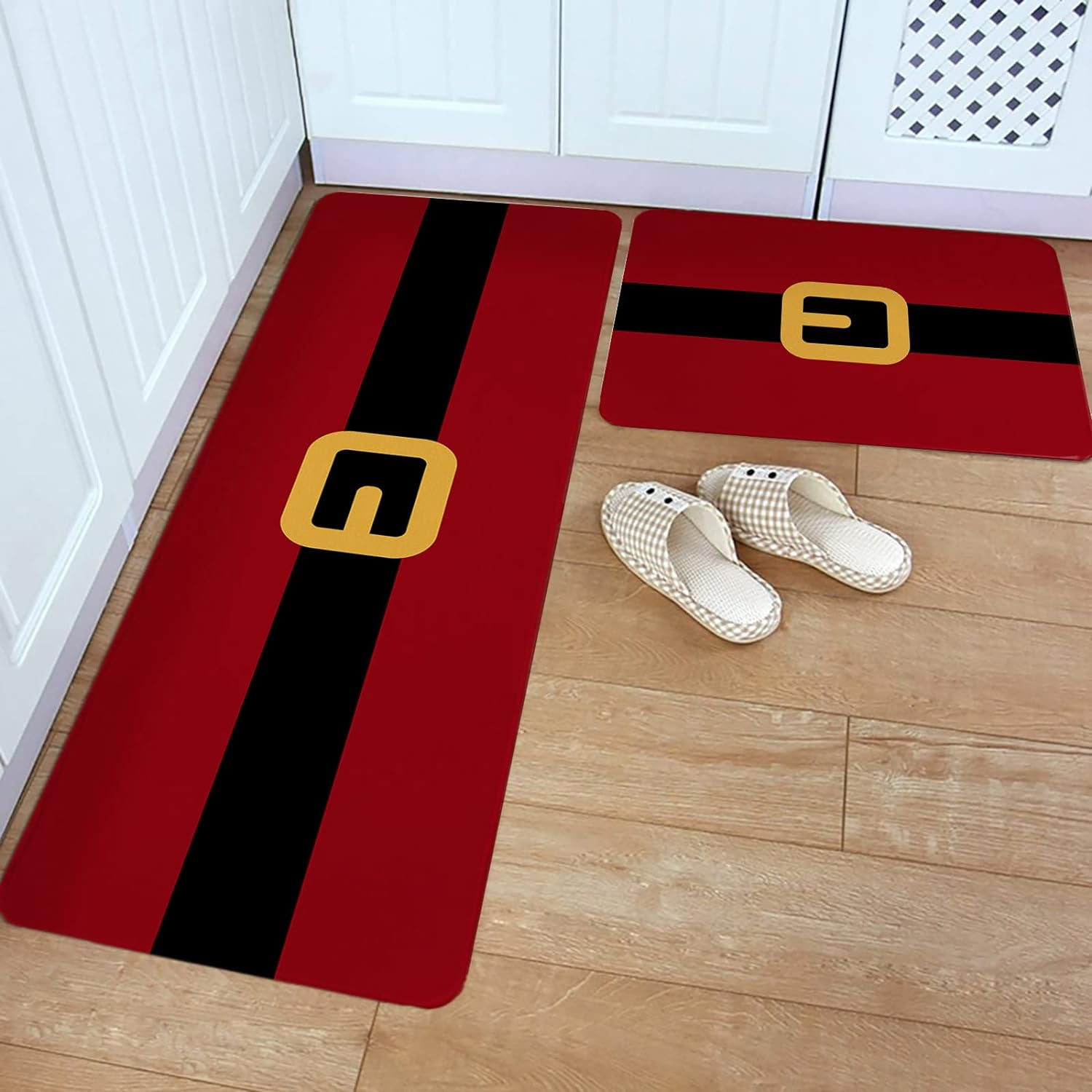 Kitchen Rug Mat Christmas Santa Claus Belt, Set of 2, Anti-Fatigue Non ...