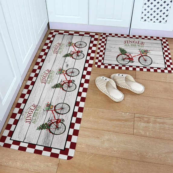 Kitchen Rug Mat Christmas Tree Bicycle Farmhouse, Set of 2, Anti-Fatigue Non-Skid Washable Kitchen Runner Rugs, Winter Vintage Wood Plaid Soft Comfort Rug for Kitchen, Floor, Front of Sink, Laundry