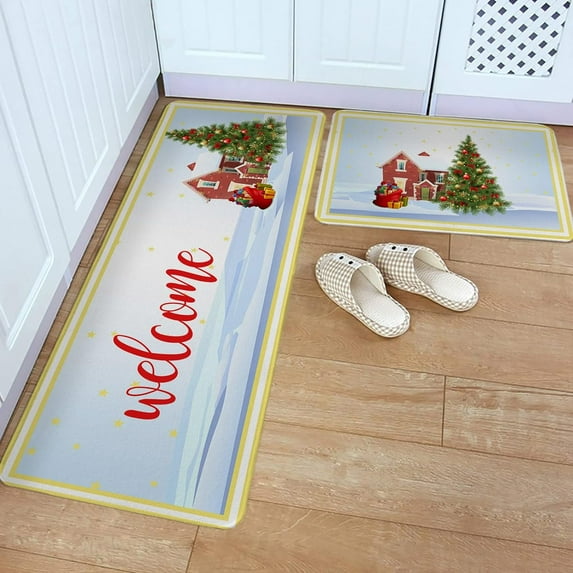 Kitchen Rug Mat Christmas Tree Stars, Set of 2, Anti-Fatigue Non-Skid Washable Kitchen Runner Rugs, Farmhouse Xmas Gifts Balls Soft Comfort Rug for Kitchen, Floor Home, Front of Sink, Laundry