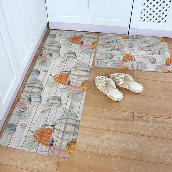 Kitchen Rug Mat Fall Farm Pumpkins, Set of 2, Anti-Fatigue Non-Skid Washable Kitchen Runner Rugs, Grey Vintage Wood Soft Comfort Rug for Kitchen, Floor Home, Front of Sink, Laundry