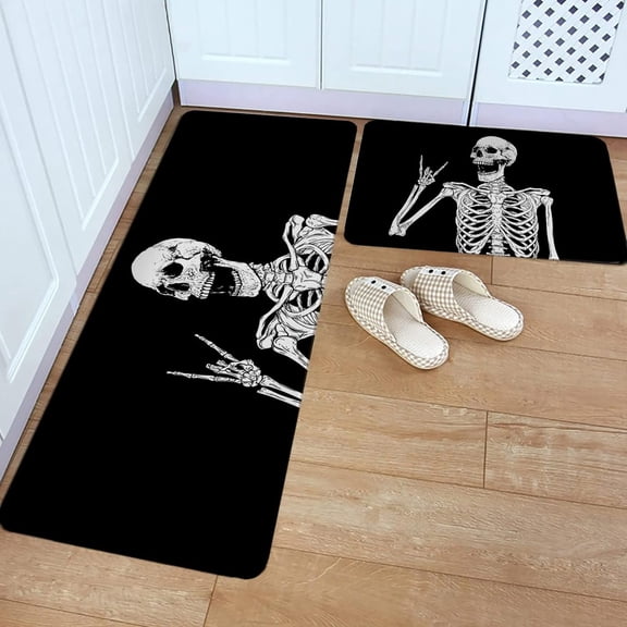 Kitchen Rug Mat Funny Skull Love You, Set of 2, Anti-Fatigue Non-Skid Washable Kitchen Runner Rugs, Skeleton Black Soft Comfort Rug for Kitchen, Floor Home, Front of Sink, Laundry