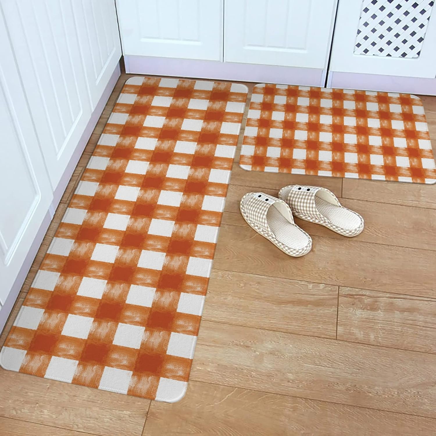 Kitchen Rug Mat Grid Farmhouse, Set of 2, Anti-Fatigue Non-Skid Washable Kitchen Runner Rugs, Watercolor Orange Soft Comfort Rug for Kitchen, Floor Home, Front of Sink, Laundry