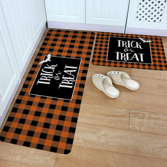 Kitchen Rug Mat Halloween Buffalo Check, Set of 2, Anti-Fatigue Non-Skid Washable Kitchen Runner Rugs, Trick or Treat Soft Comfort Rug for Kitchen, Floor Home, Front of Sink, Laundry