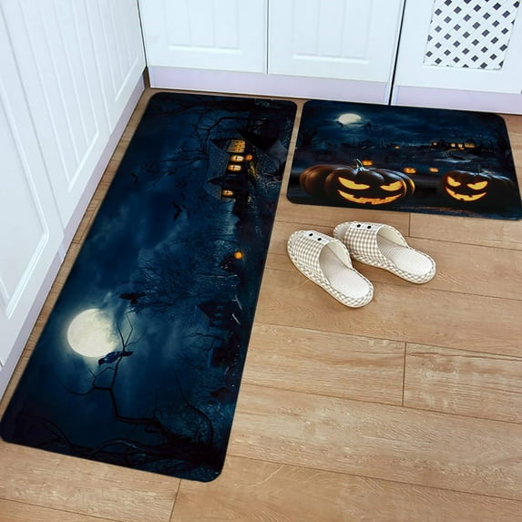 Kitchen Rug Mat Halloween Pumpkin, Set of 2, Anti-Fatigue Non-Skid Washable Kitchen Runner Rugs, Gothic Forest Soft Comfort Rug for Kitchen, Floor Home, Front of Sink, Laundry