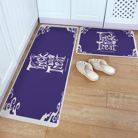 Kitchen Rug Mat Halloween Purple Theme, Set of 2, Anti-Fatigue Non-Skid Washable Kitchen Runner Rugs, Trick or Treat Soft Comfort Rug for Kitchen, Floor Home, Front of Sink, Laundry