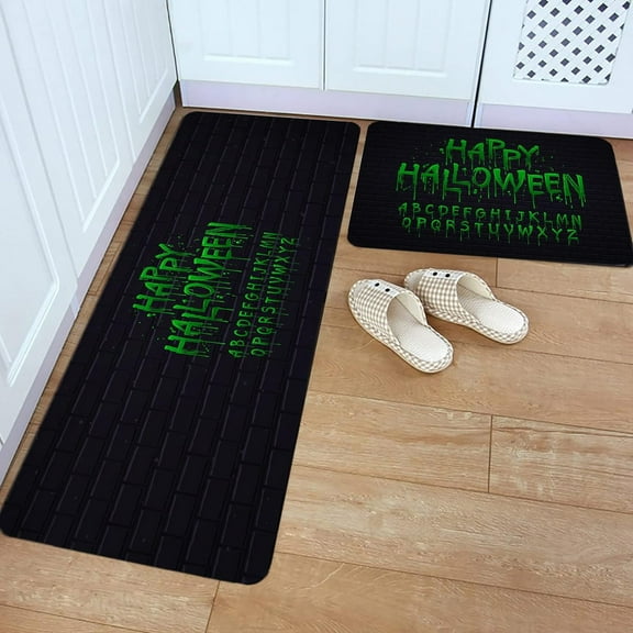 Kitchen Rug Mat Happy Halloween Text Theme, Set of 2, Anti-Fatigue Non-Skid Washable Kitchen Runner Rugs, Green Black Soft Comfort Rug for Kitchen, Floor Home, Front of Sink, Laundry