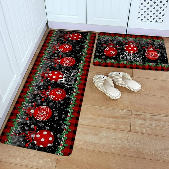 Kitchen Rug Mat Merry Christmas Colored Lights Berry, Set of 2, Anti-Fatigue Non-Skid Washable Kitchen Runner Rugs, Xmas Vintage Wooden Board Soft Rug for Kitchen, Floor, Front of Sink, Laundry