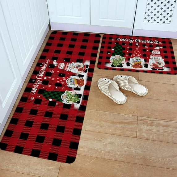 Kitchen Rug Mat Merry Christmas Gnome, Set of 2, Anti-Fatigue Non-Skid Washable Kitchen Runner Rugs, Red Buffalo Plaid Soft Comfort Rug for Kitchen, Floor Home, Front of Sink, Laundry