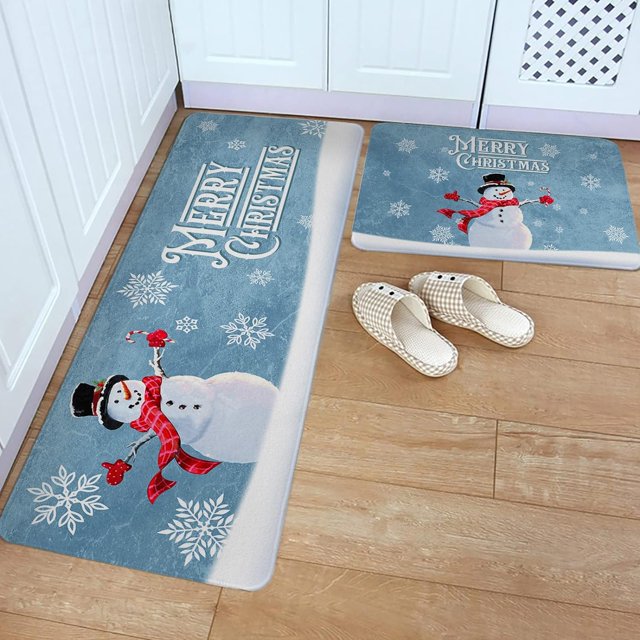 Kitchen Rug Mat Merry Christmas Snowman, Set of 2, AntiFatigue Non