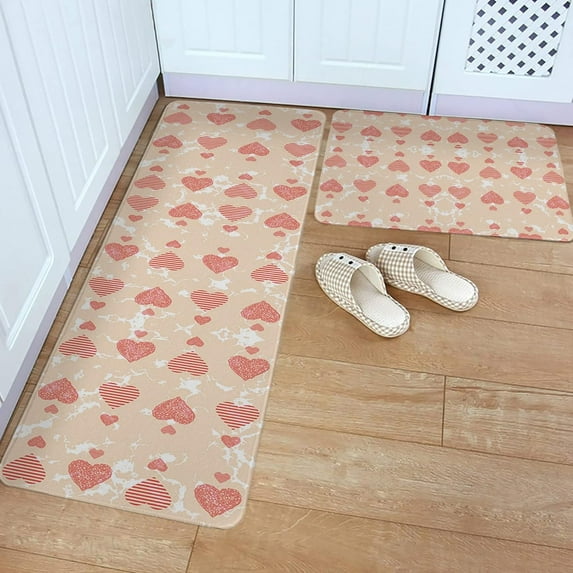 Kitchen Rug Mat Pink Heart Pattern, Set of 2, Anti-Fatigue Non-Skid Washable Kitchen Runner Rugs, Thanksgiving Soft Comfort Rug for Kitchen, Floor Home, Front of Sink, Laundry