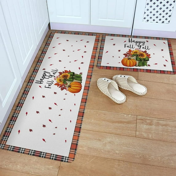Kitchen Rug Mat Pumpkin Sunflower Fall, Set of 2, Anti-Fatigue Non-Skid Washable Kitchen Runner Rugs, Red Black Buffalo Plain Soft Comfort Rug for Kitchen, Floor Home, Front of Sink, Laundry