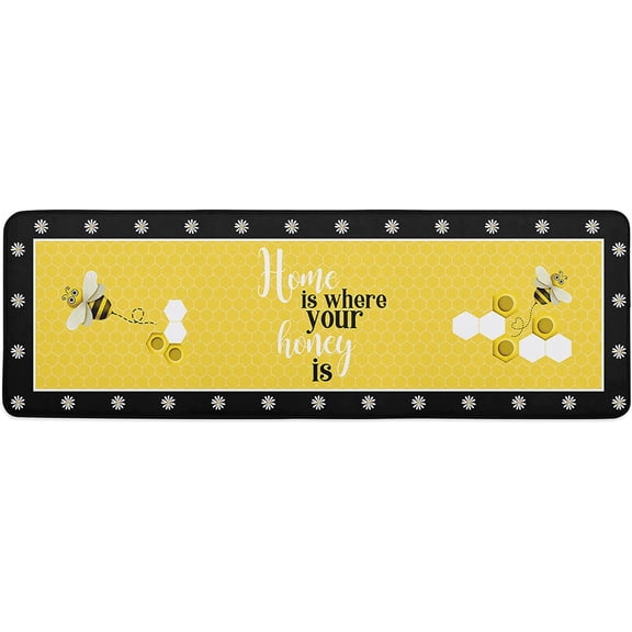 Kitchen Rug and Mat Set Idyllic Bumble Bee Daisy Flower Yellow Back,Non-Slip Doormats Comfort Durable Floor Runner,Summer Farm Honeybee Floral Washable Standing Carpet for Bedroom Living Room Decor