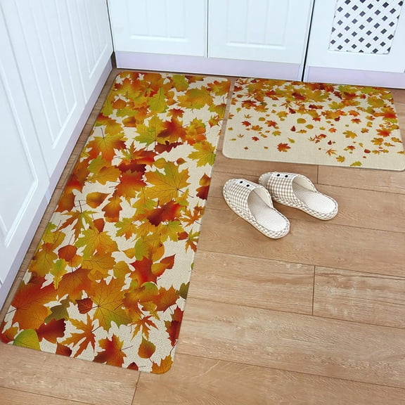 Kitchen Rug Mat Thanksgiving Autumn Fall Leaf, Set of 2, Anti-Fatigue Non-Skid Washable Kitchen Runner Rugs, Farmhouse Orange Soft Comfort Rug for Kitchen, Floor Home, Front of Sink, Laundry