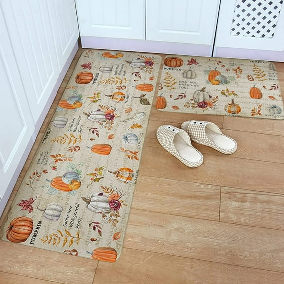 Kitchen Rug Mat Thanksgiving Fall Harvest Theme, Set of 2, Anti-Fatigue Non-Skid Washable Kitchen Runner Rugs, Autumn Pumpkin Leaf Soft Comfort Rug for Kitchen, Floor Home, Front of Sink, Laundry