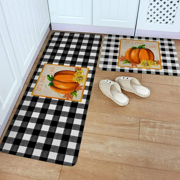 Kitchen Rug Mat Thanksgiving Harvest Pumpkins Sunflower, Set of 2, Anti-Fatigue Non-Skid Washable Kitchen Runner Rugs, Buffalo Plaid Black White Soft Rug for Kitchen, Floor, Front of Sink, Laundry