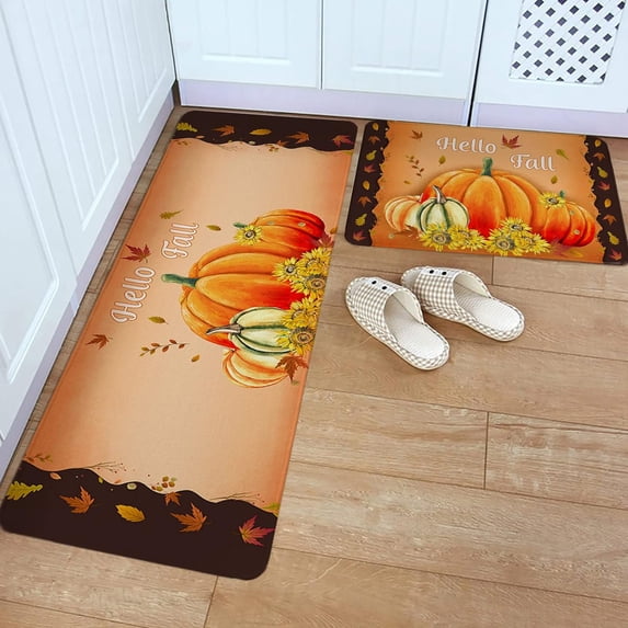 Kitchen Rug Mat Thanksgiving Harvest Pumpkins Sunflowers, Set of 2, Anti-Fatigue Non-Skid Washable Kitchen Runner Rugs, Fall Leaf Soft Comfort Rug for Kitchen, Floor Home, Front of Sink, Laundry