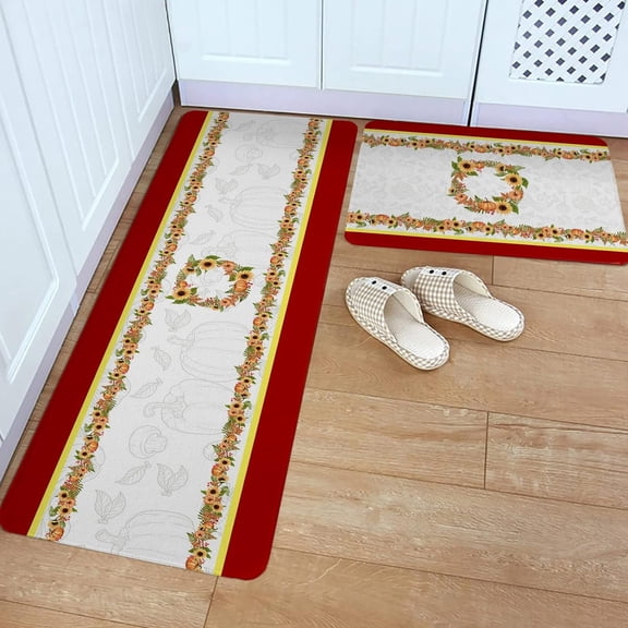 Kitchen Rug Mat Thanksgiving Pumpkins Sunflowers Wreath, Set of 2, Anti-Fatigue Non-Skid Washable Kitchen Runner Rugs, Fall Maple Leaf Soft Comfort Rug for Kitchen, Floor Home, Front of Sink, Laundry