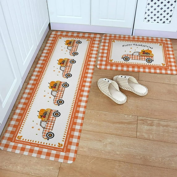Kitchen Rug Mat Thanksgiving Truck Pumpkin Plaid, Set of 2, Anti-Fatigue Non-Skid Washable Kitchen Runner Rugs, Autumn Orange Soft Comfort Rug for Kitchen, Floor Home, Front of Sink, Laundry