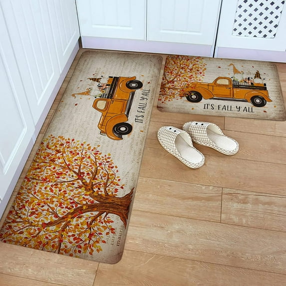 Kitchen Rug Mat Vintage Thanksgiving Gnomes Truck, Set of 2, Anti-Fatigue Non-Skid Washable Kitchen Runner Rugs, Fall Maple Pumpkin Harvest Soft Comfort Rug for Kitchen, Floor, Front of Sink, Laundry