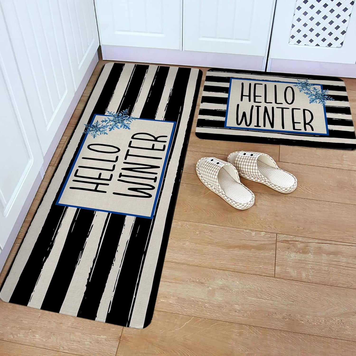 Kitchen Rug Mat Winter Christmas Stripes Snowflake, Set of 2, Anti