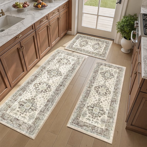 Kitchen Rug and Mat, Yamaziot Kitchen Runners Rugs Set of 3, Washable Non Slip Farmhouse Hallway Laundry Room Mat for Floor, Comfort Vinatge Boho Carpet