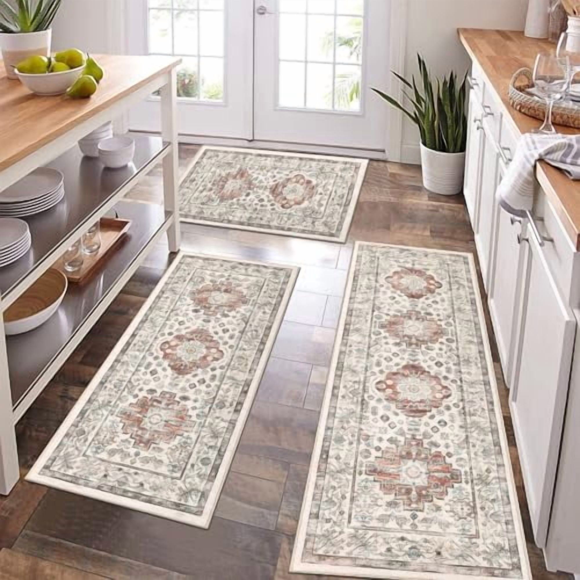 Kitchen Rug and Mat, Yamaziot Kitchen Runners Rugs Set of 3, Washable Non Slip Farmhouse Hallway Laundry Room Mat for Floor, Comfort Vinatge Boho Carpet