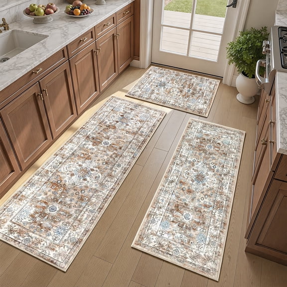 Kitchen Rug and Mat, Yamaziot Kitchen Runners Rugs Set of 3, Washable Non Slip Farmhouse Hallway Laundry Room Mat for Floor, Comfort Vinatge Boho Carpet