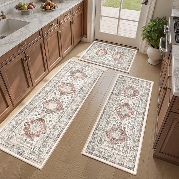 Kitchen Rug and Mat, Yamaziot Kitchen Runners Rugs Set of 3, Washable Non Slip Farmhouse Hallway Laundry Room Mat for Floor, Comfort Vinatge Boho Carpet
