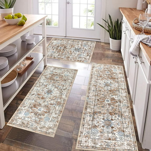 Kitchen Rug and Mat, Yamaziot Kitchen Runners Rugs Set of 3, Washable Non Slip Farmhouse Hallway Laundry Room Mat for Floor, Comfort Vinatge Boho Carpet