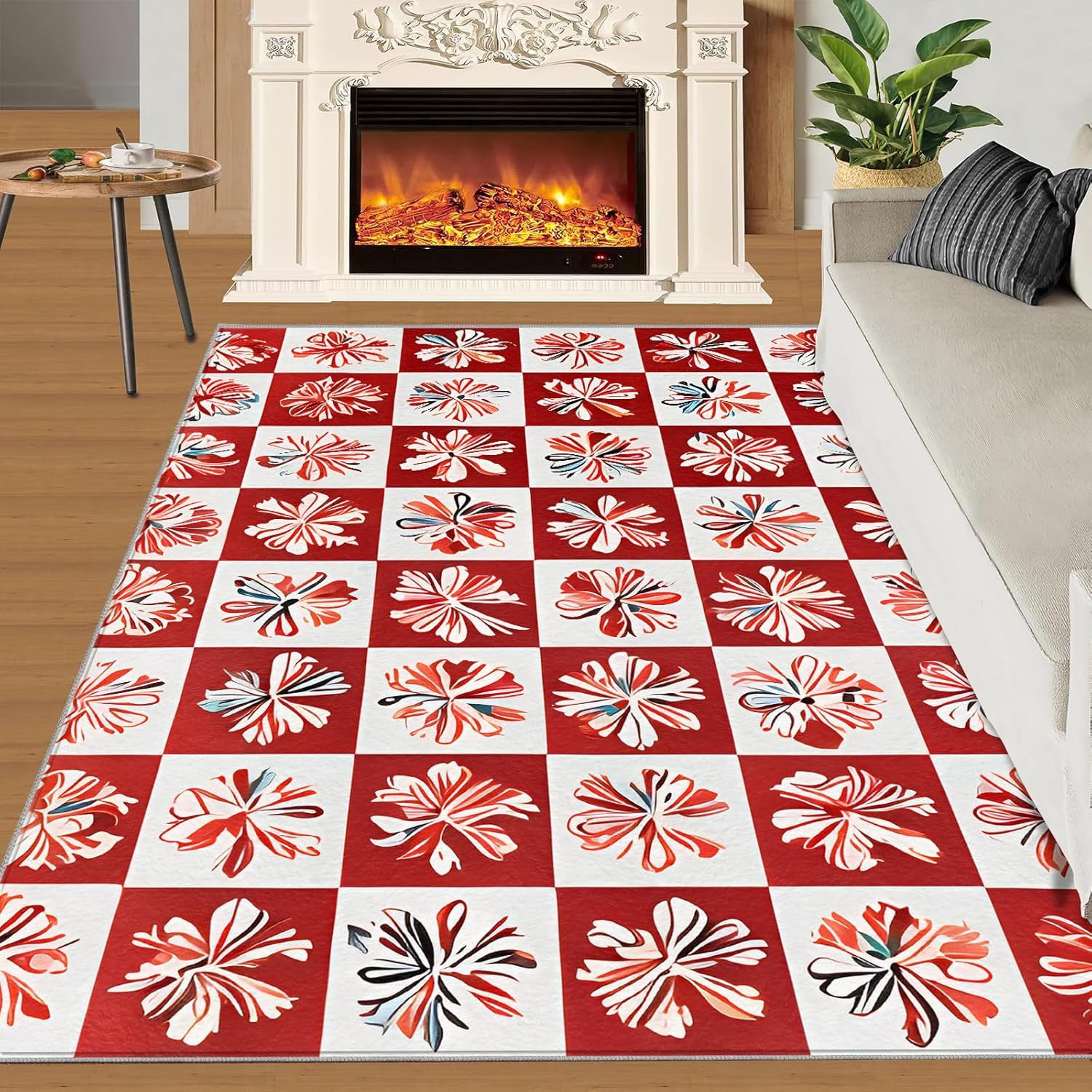 Study With Red Rug Kitchen Rug Plaid Florals Rug, Red and White Bedroom Rug Non Skid ...
