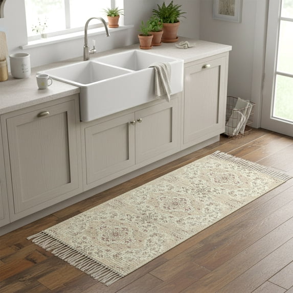 Kitchen Rug Runner 2'x 5', Beige Boho Indoor/Outdoor Washable Carpet with Tassels, Vintage Ethnic Floral Abstract Geometric Reversible Low-Pile Soft Area Rug for Living Room, Bedside, Sink