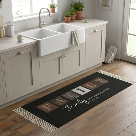 Kitchen Rug Runner 2'x 5', Black Indoor/Outdoor Washable Carpet with Tassels, Farmhouse Country Vintage Wooden Grain Plaid Reversible Low-Pile Soft Area Rug for Living Room, Bedside, Sink