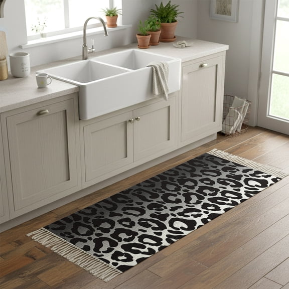 Kitchen Rug Runner 2'x 5', Black Ombre Leopard Indoor/Outdoor Washable Carpet with Tassels, Modern Abstract Art Aesthetics Reversible Low-Pile Soft Area Rug for Living Room, Bedside, Sink