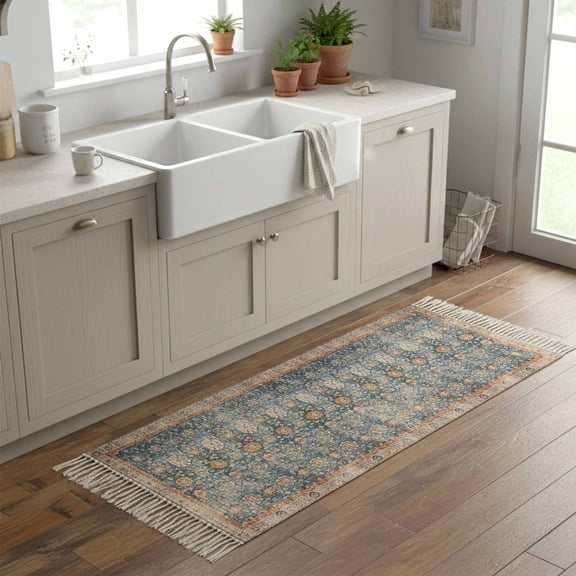 Kitchen Rug Runner 2'x 5', Blue Beige Vintage Indoor/Outdoor Washable Carpet with Tassels, Modern Geometric Abstract Art Ethnic Reversible Low-Pile Soft Area Rug for Living Room, Bedside, Sink