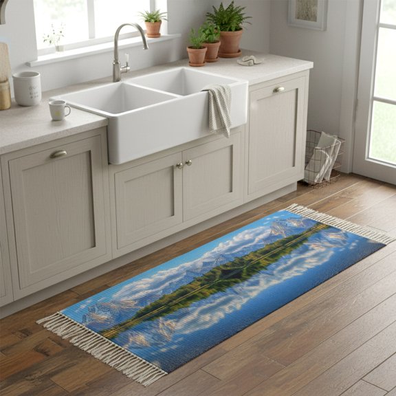 Kitchen Rug Runner 2'x 5', Blue Mountain Indoor/Outdoor Washable Carpet with Tassels, Modern Art Green Forest Lake Reversible Low-Pile Soft Area Rug for Living Room, Bedside, Sink