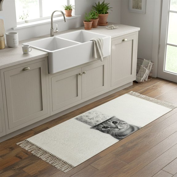 Kitchen Rug Runner 2'x 5', Cute Cat Indoor/Outdoor Washable Carpet with Tassels, Funny Animal Toilet Paper Abstract Art Reversible Low-Pile Soft Area Rug for Living Room, Bedside, Sink