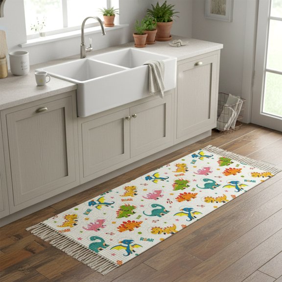 Kitchen Rug Runner 2'x 5', Cute Dinosaur Indoor/Outdoor Washable Carpet with Tassels, Cartoon Dino Funny Boys Girls Children Reversible Low-Pile Soft Area Rug for Living Room, Bedside, Sink