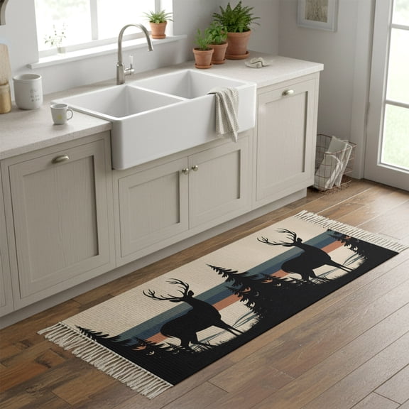 Kitchen Rug Runner 2'x 5', Forest Elk Indoor/Outdoor Washable Carpet with Tassels, Animal Antlers Silhouette Tree Stripes Reversible Low-Pile Soft Area Rug for Living Room, Bedside, Sink