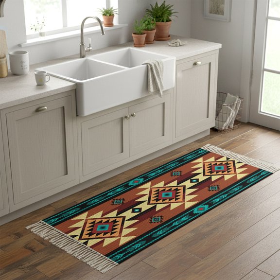Kitchen Rug Runner 2'x 5', Turquoise Red Indoor/Outdoor Washable Carpet with Tassels, Southwest American Native Abstract Pattern Reversible Low-Pile Soft Area Rug for Living Room, Bedside, Sink