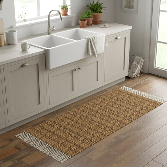 Kitchen Rug Runner 2'x 5', Vintage Rattan Indoor/Outdoor Washable Carpet with Tassels, Minimalist Abstract Wicker Texture Brown Reversible Low-Pile Soft Area Rug for Living Room, Bedside, Sink