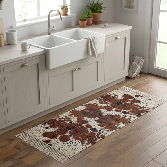 Kitchen Rug Runner 2'x 5', Western Cow Print Indoor/Outdoor Washable Carpet with Tassels, Farmhouse Country Cowhide Fur Brown Reversible Low-Pile Soft Area Rug for Living Room, Bedside, Sink