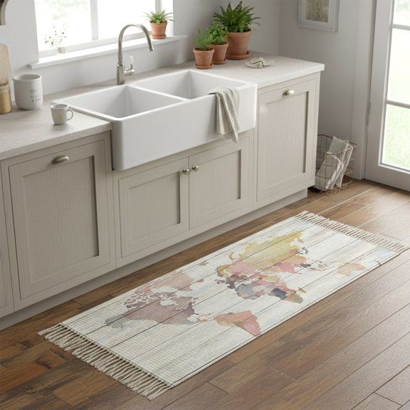 Kitchen Rug Runner 2'x 5', World Map Indoor/Outdoor Washable Carpet with Tassels, Farmhouse Abstract Illustration Wooden Grain Reversible Low-Pile Soft Area Rug for Living Room, Bedside, Sink